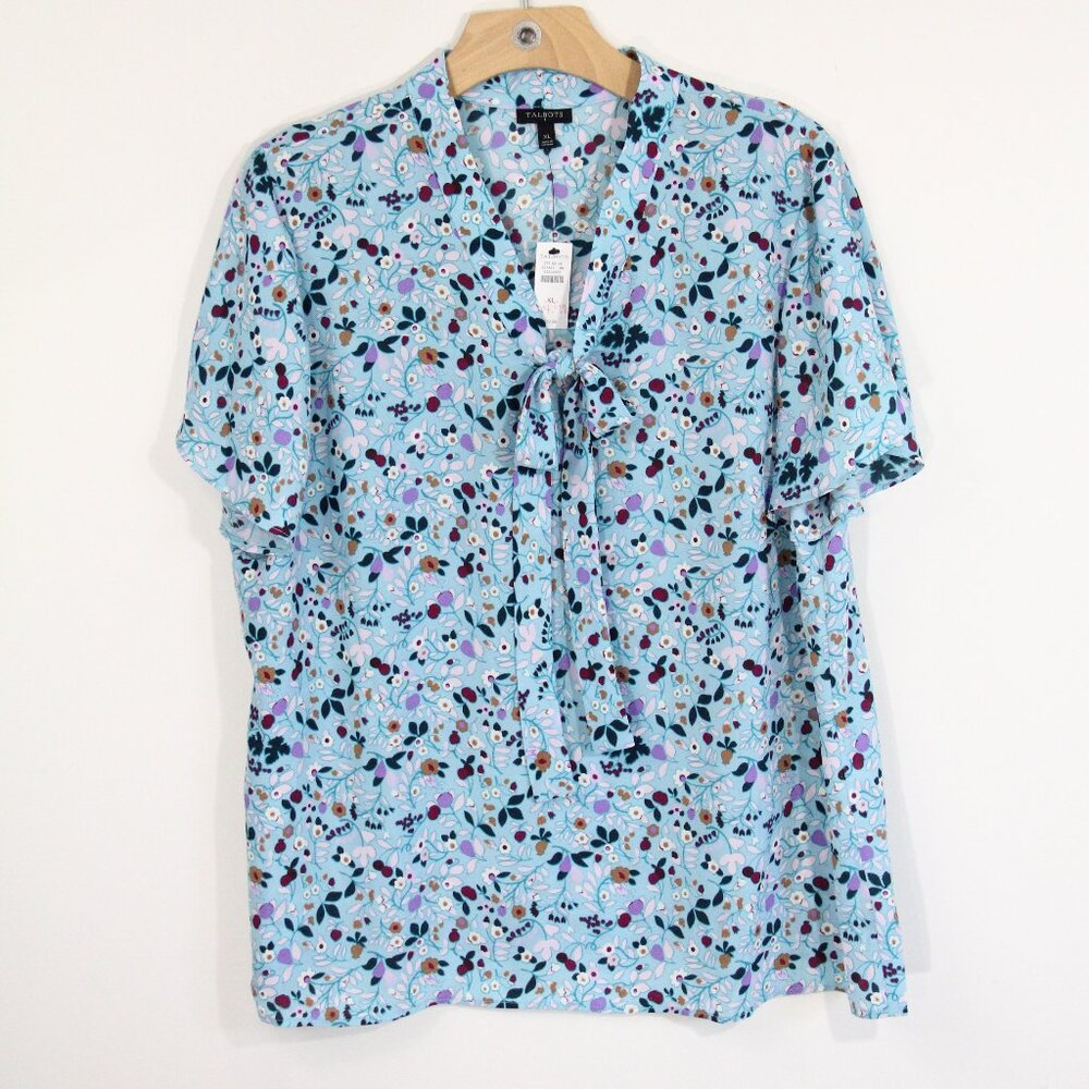 Talbots Floral Top New Women Short Sleeve Blouse V Neck Bow Shirt sz XL - Picture 3 of 11